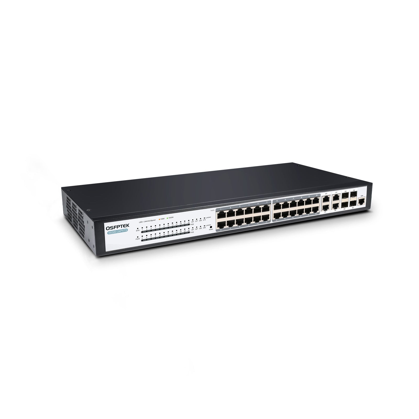 S5300-24P4TS, 24-Port Gigabit Ethernet L2+ PoE+ Fanless Switch, 24x 10/100/1000BASE-T RJ45 PoE ports with 4x 1G RJ45/SFP Combo Ports